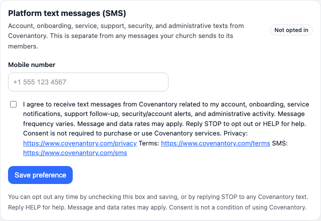 Authenticated Covenantory notification preferences with a mobile field and unchecked Platform SMS consent checkbox