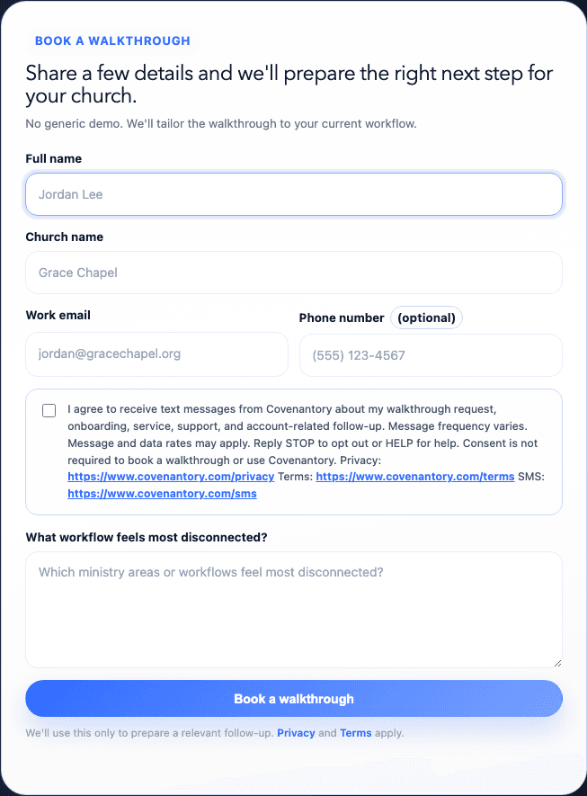 Covenantory public walkthrough request form with an optional phone field and unchecked SMS consent checkbox