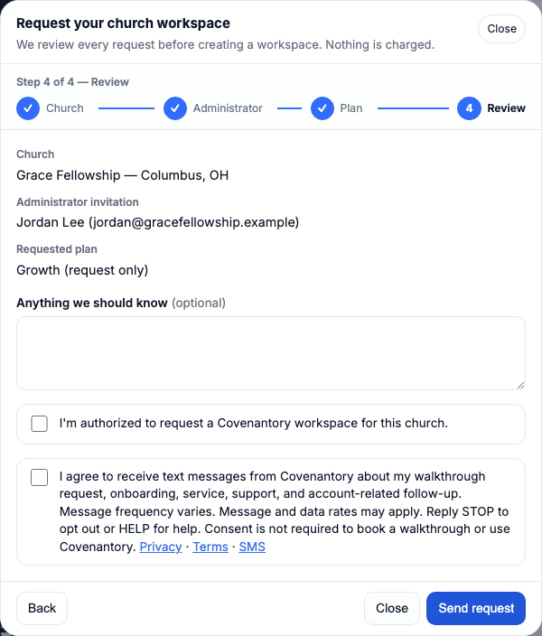 Covenantory church workspace request review step with an optional, unchecked SMS consent checkbox below the required authority confirmation