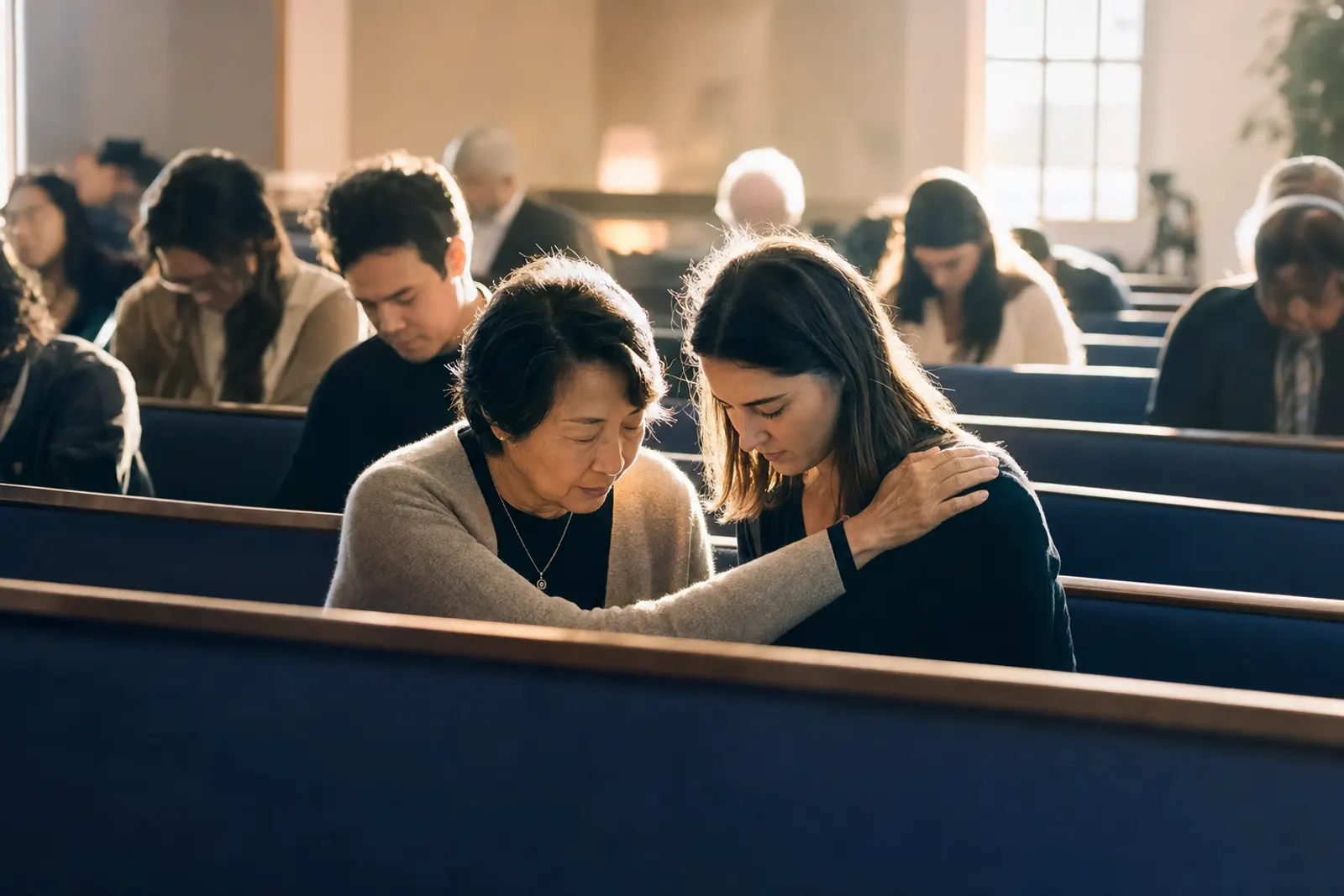 Two people pray together quietly in a sunlit chapel.