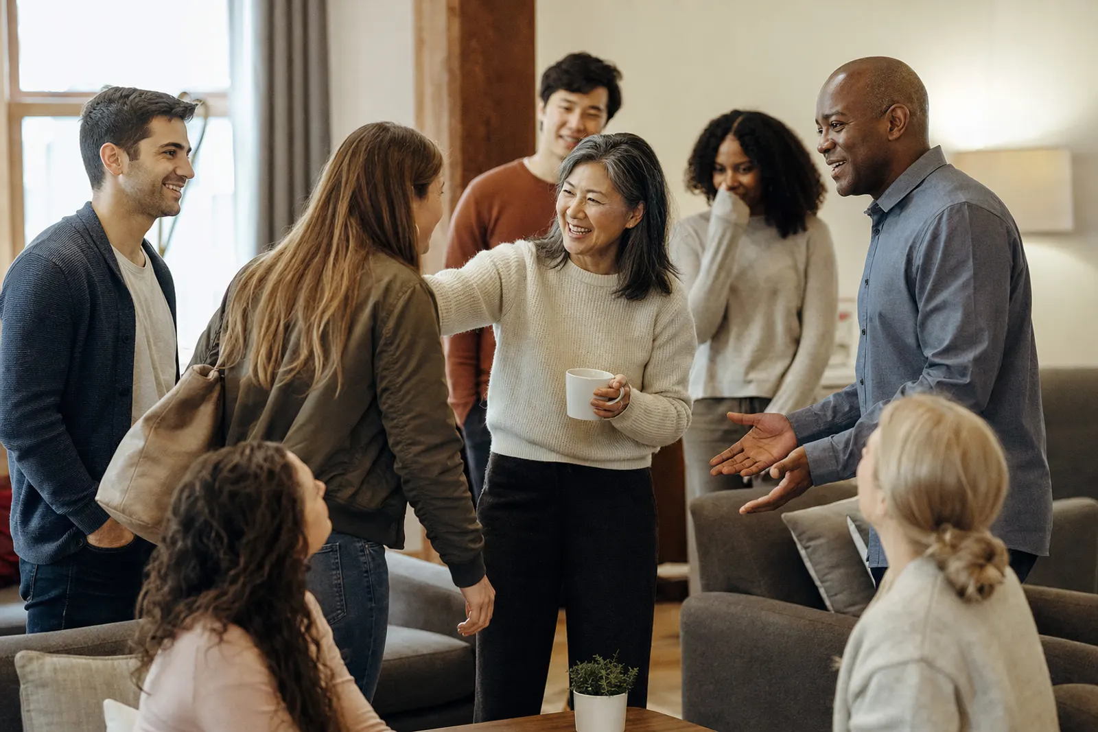 A small group leans in to welcome a newcomer.