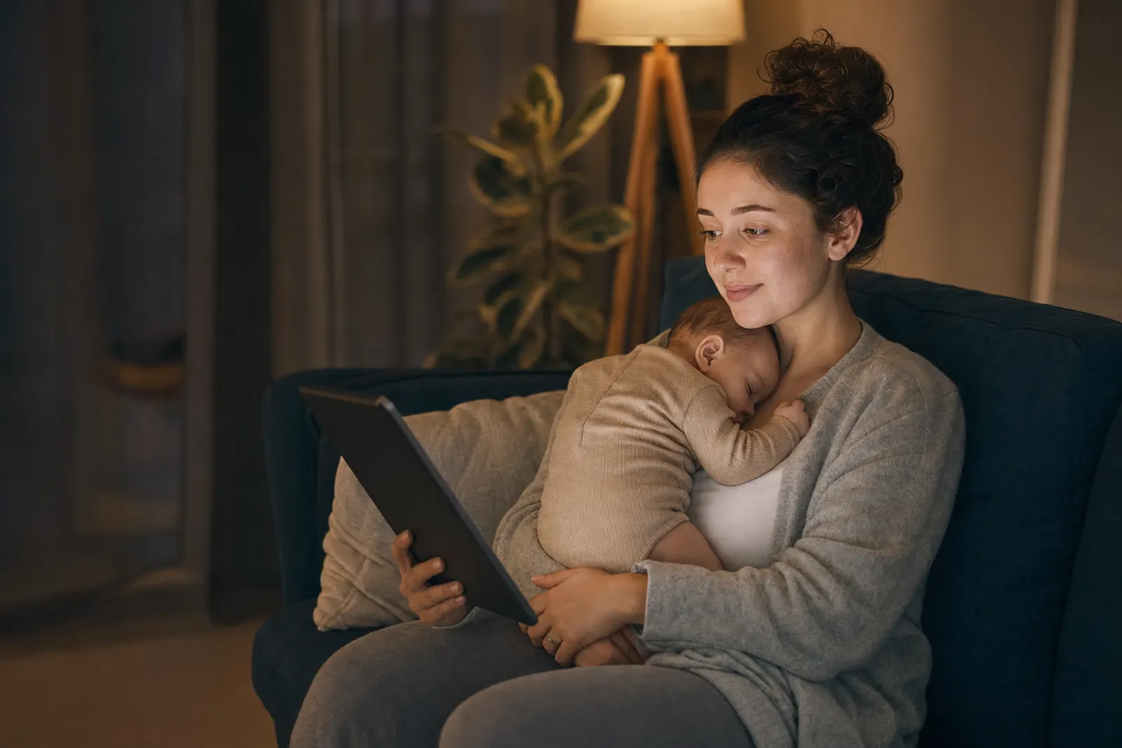 A young mother watches a church message on her tablet while her baby sleeps on her chest.