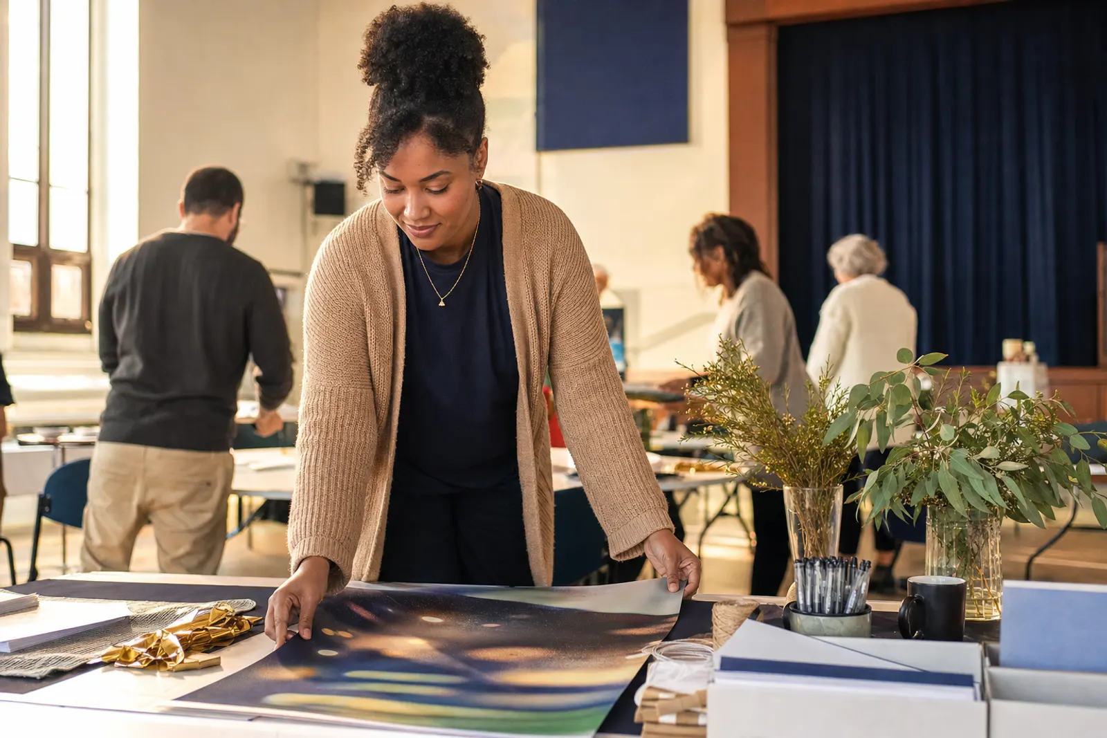 An events coordinator prepares a poster in the church hall.