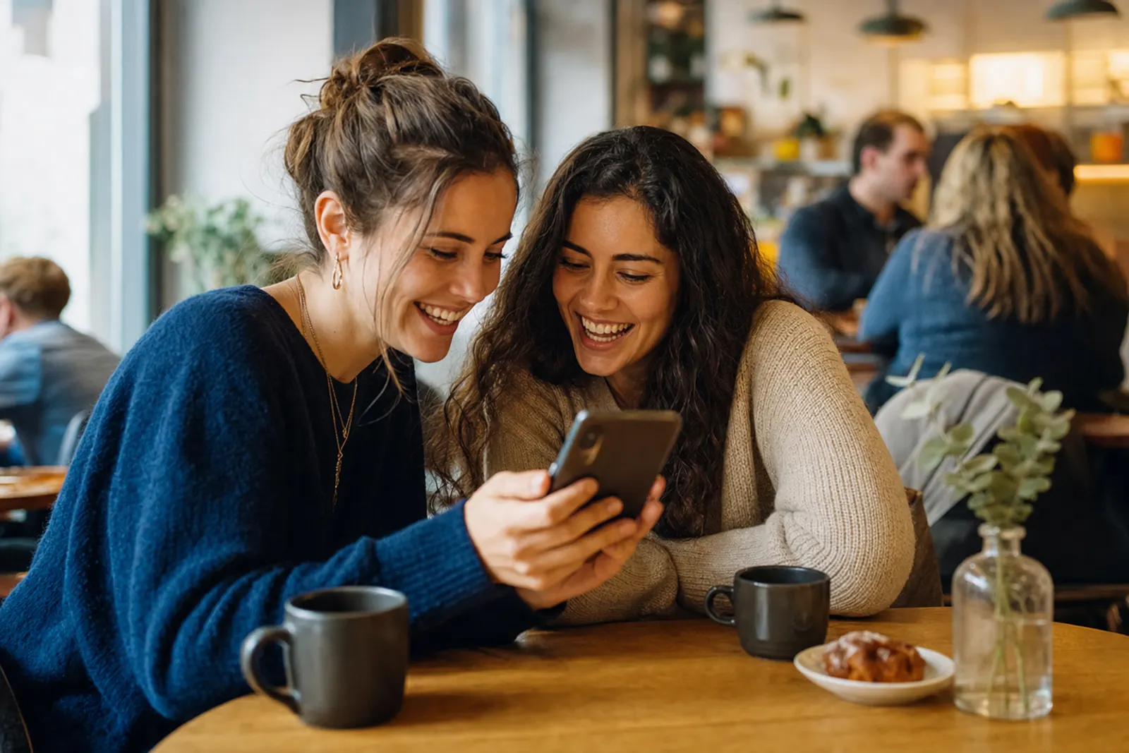 Two friends at a café decide to go to a church event together.