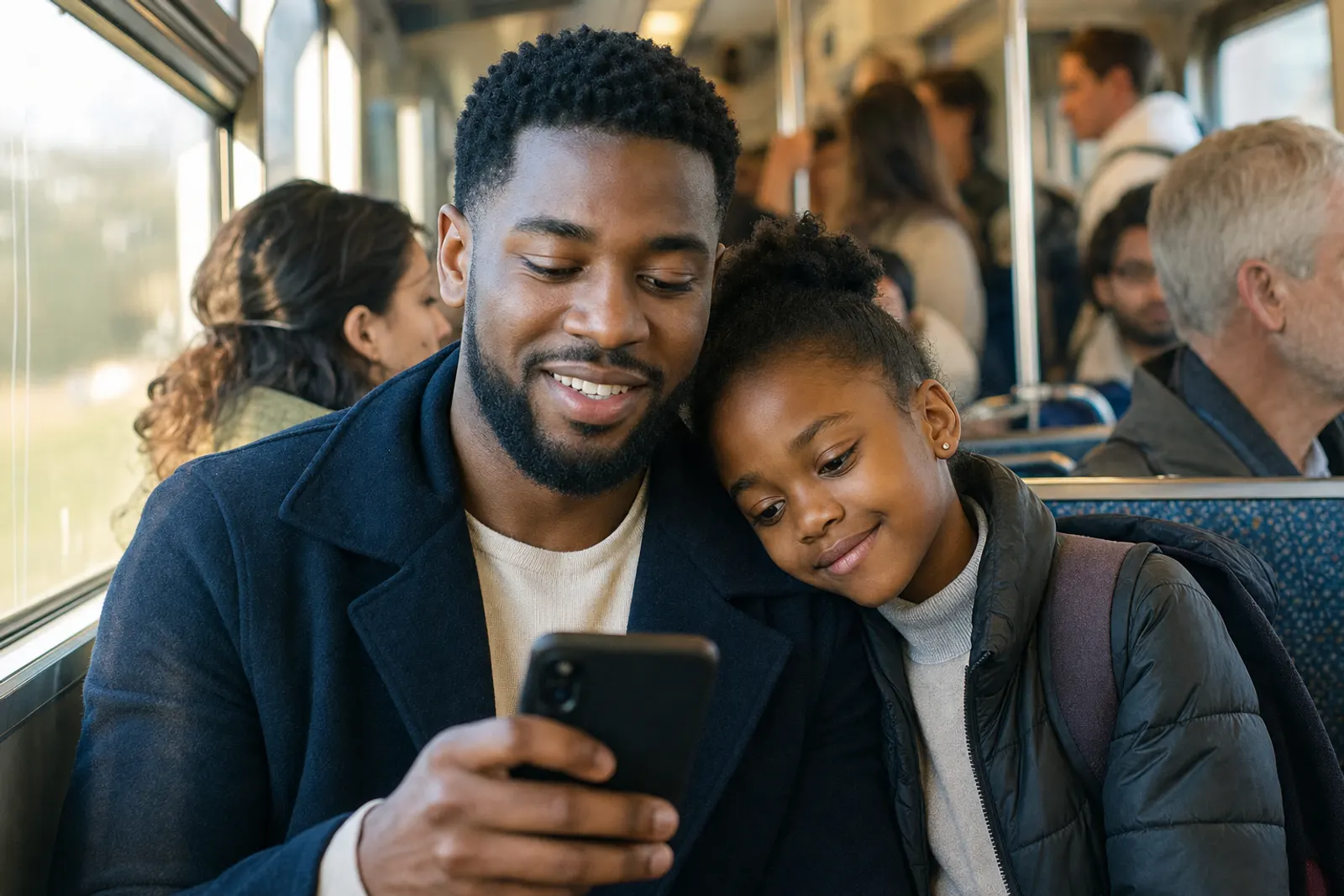 A father on a commuter train smiles at a message as his daughter rests on his shoulder.