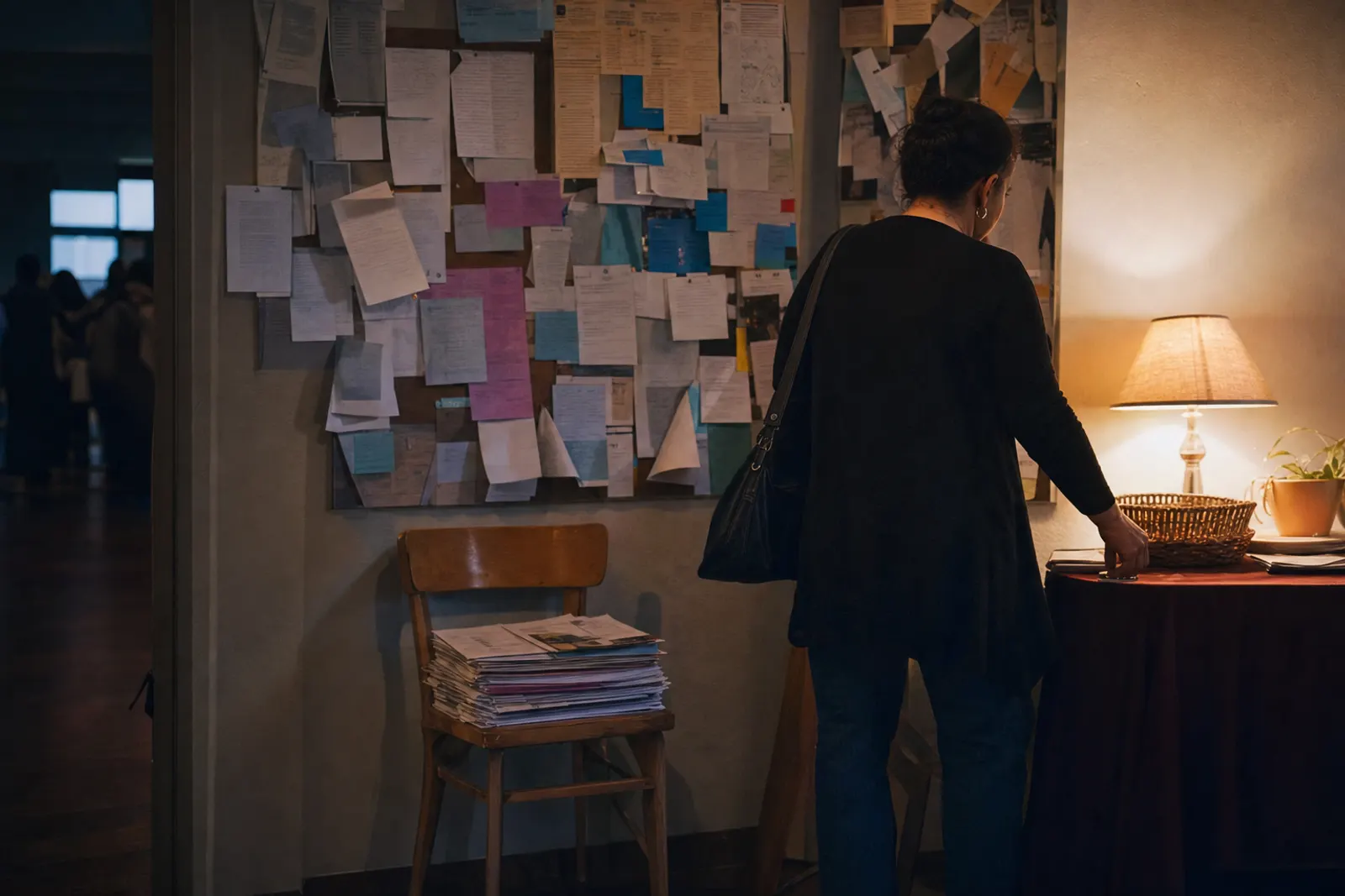 A cluttered church noticeboard covered in overlapping, out-of-date flyers.