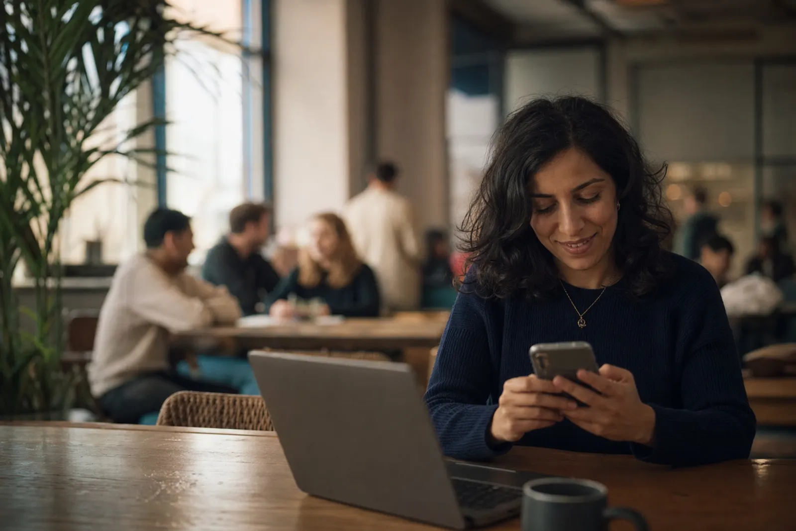 A communications lead smiles as she writes a message to the church on her phone.
