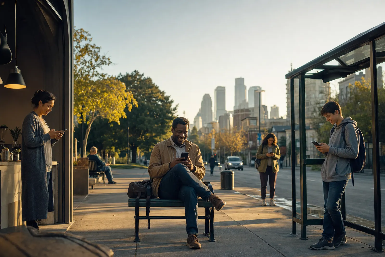 People across a morning city street each glance at a phone and smile.
