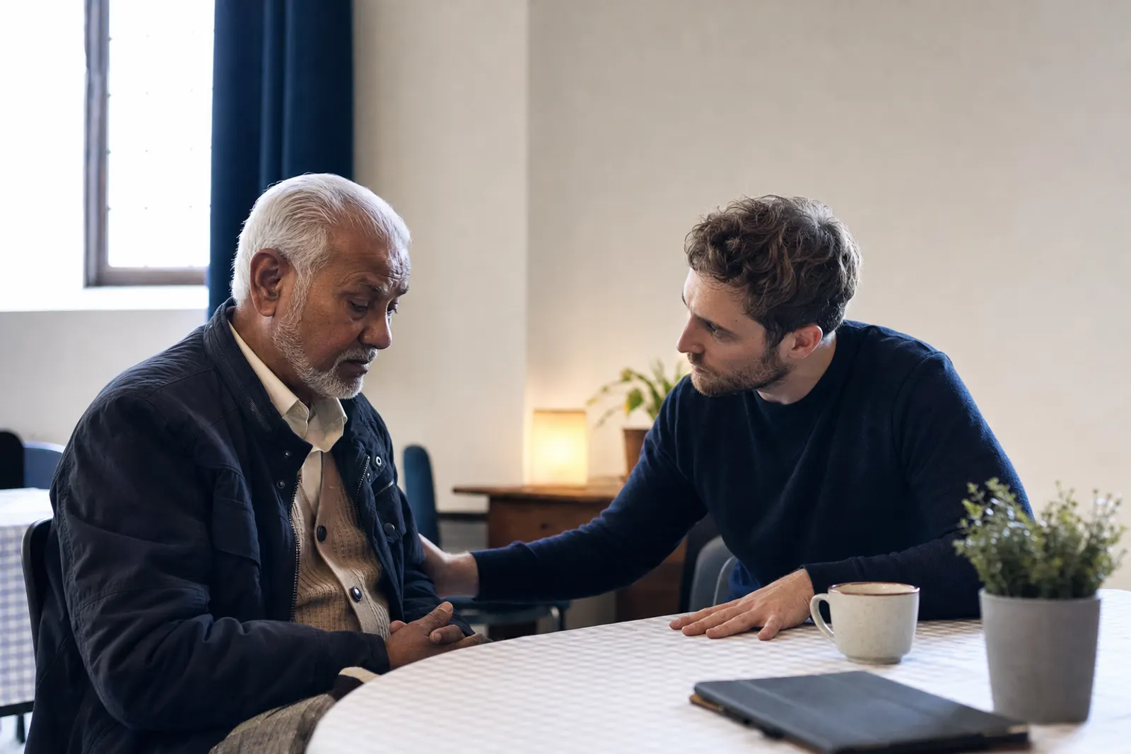A care volunteer listens closely to an older man in a quiet room.