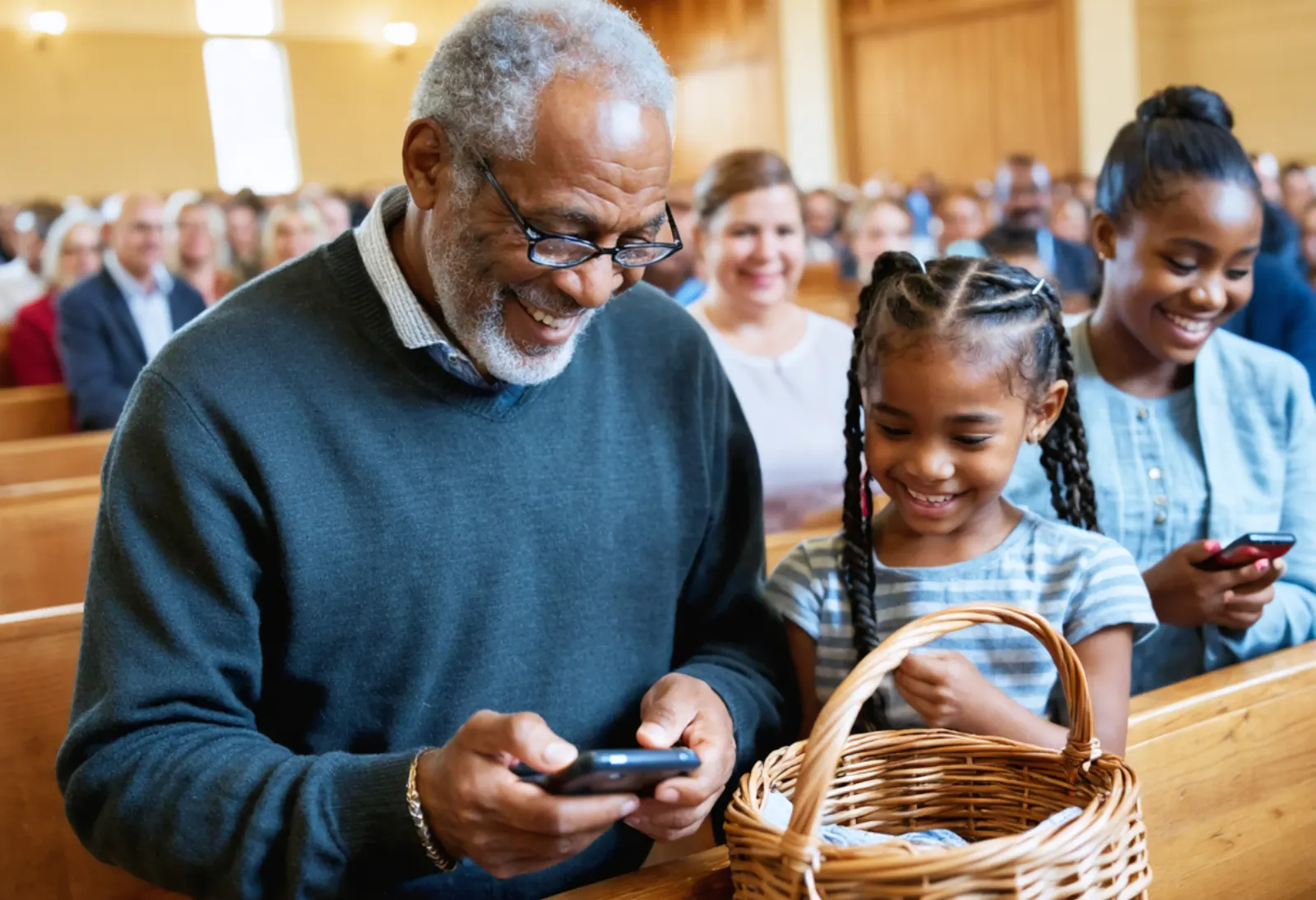 A grandfather smiles as he gives on his phone in the pew, his granddaughter holding the offering basket beside him.