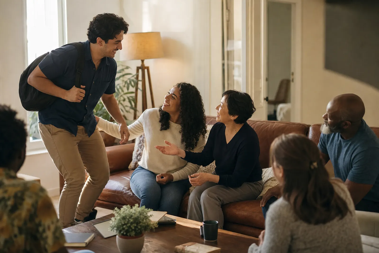 A small group makes room on the sofa for a newcomer, smiling as he joins.