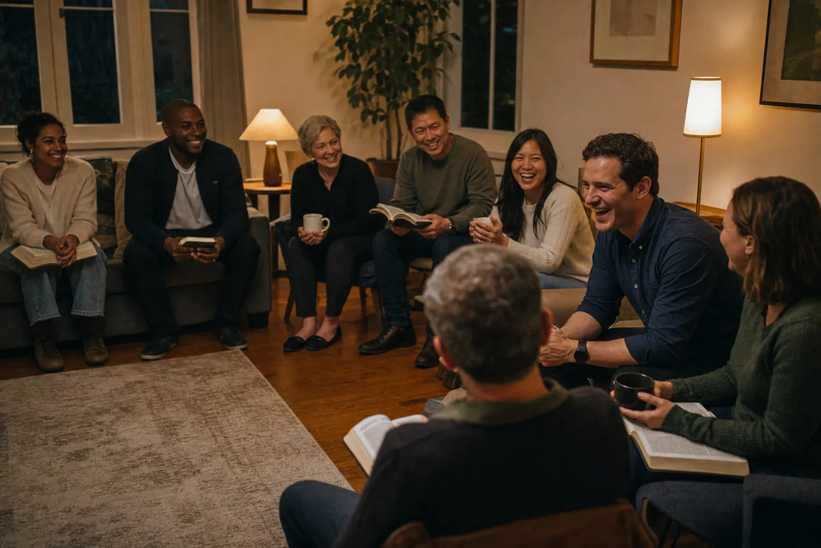 A small group gathered in a warm living room, laughing together over mugs and Bibles.