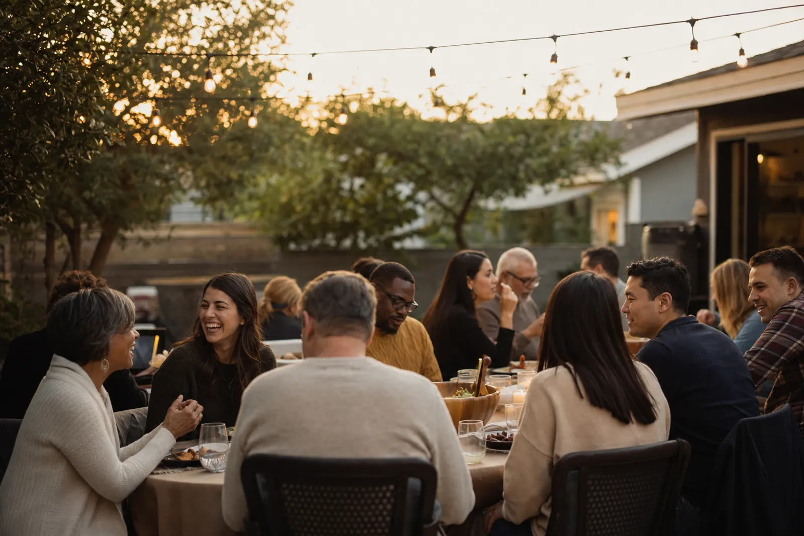 Friends from church share a meal around a long table at golden hour.