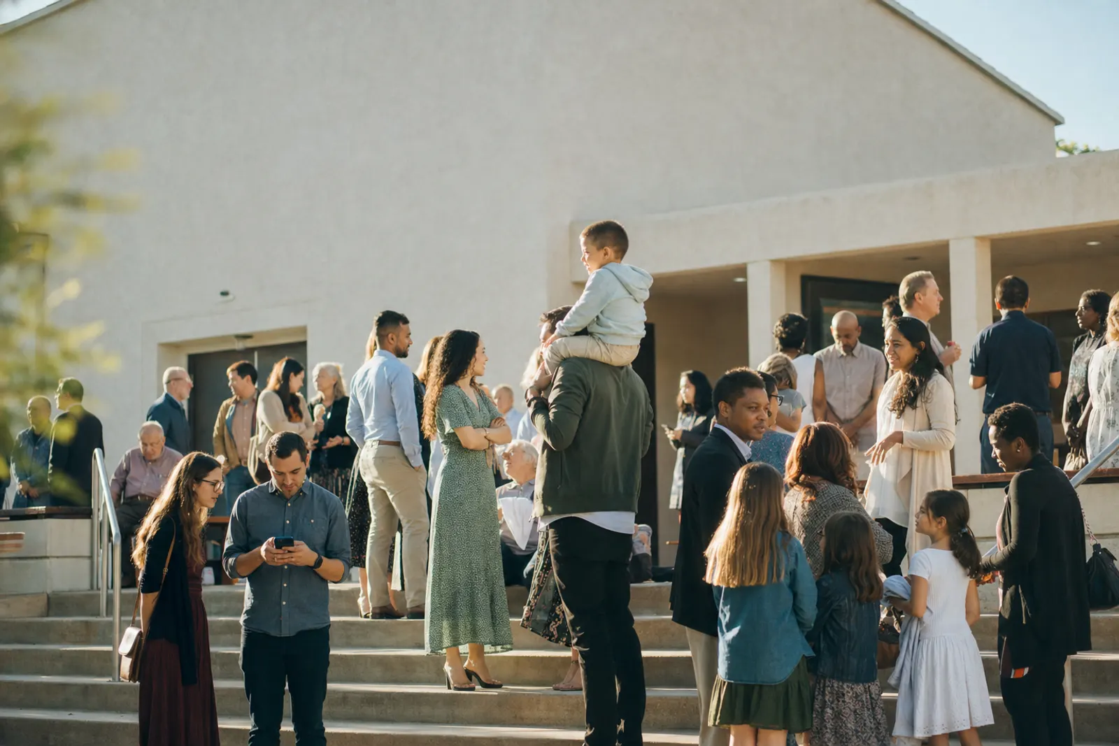 People of all ages chat on the church steps on a sunny morning.