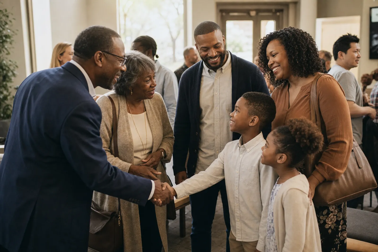 A pastor greets three generations of one family by name in a sunlit lobby.