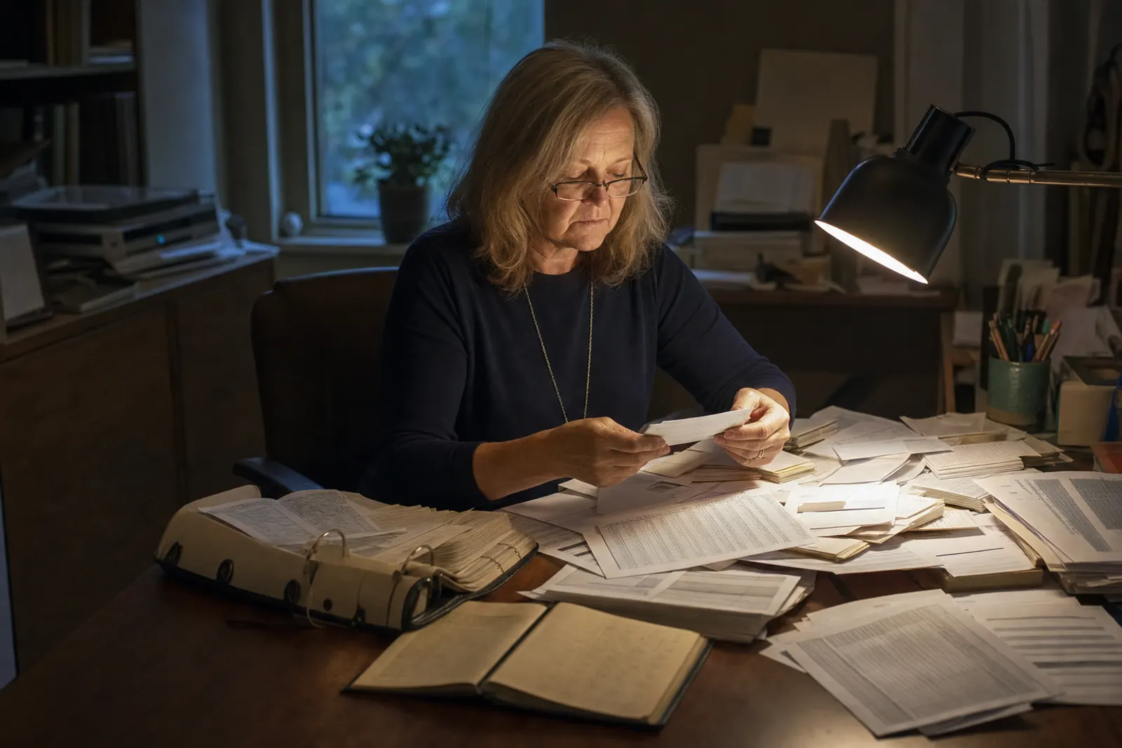 A desk buried in paper sign-in cards, binders and printed spreadsheets.