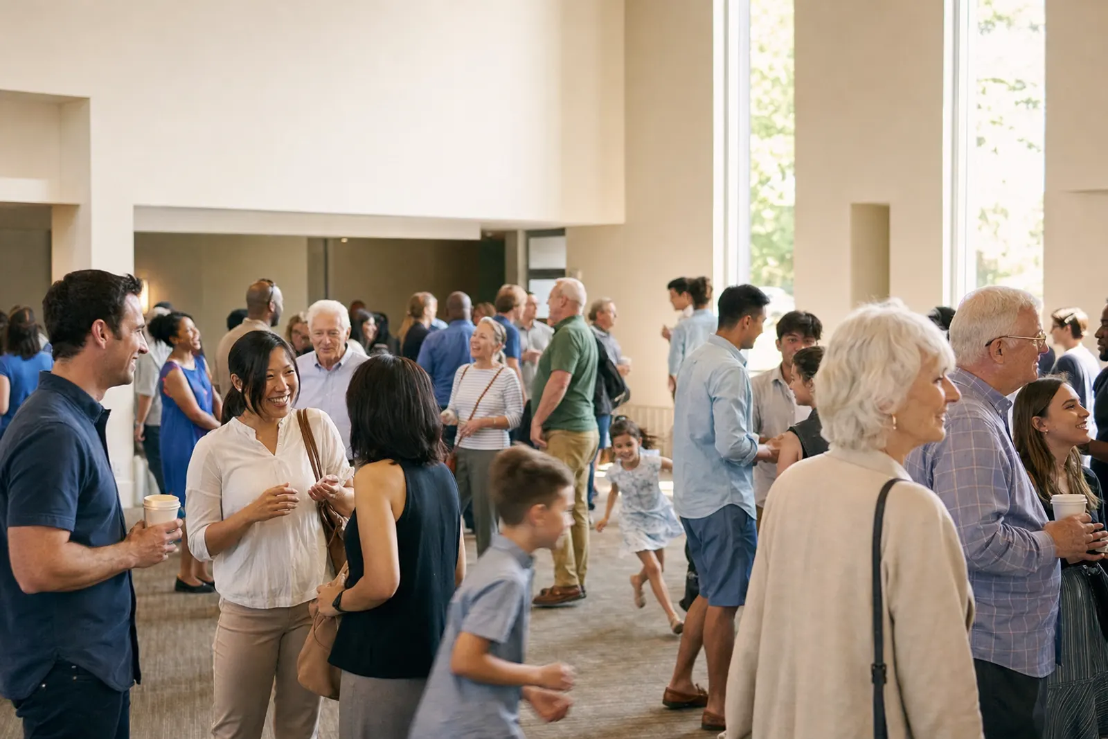 A busy church lobby after the service, full of conversation.