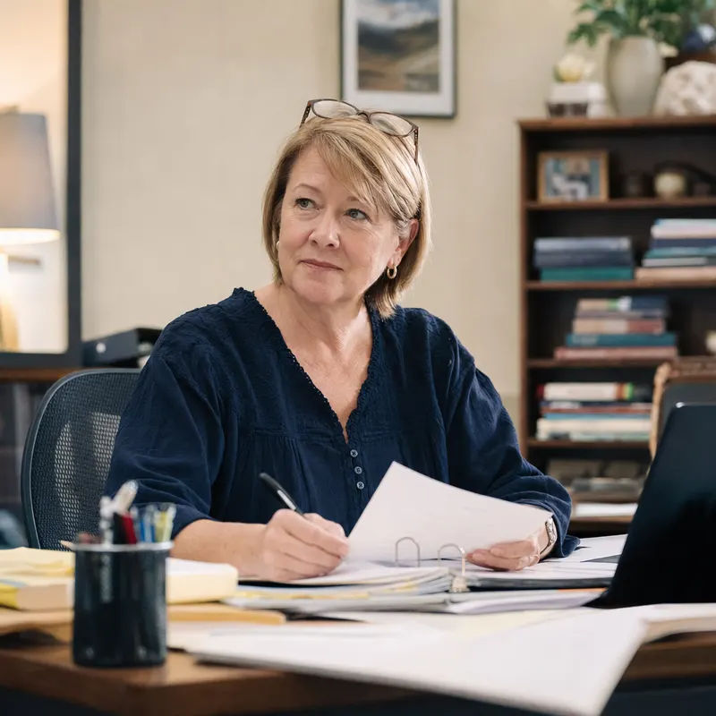 A bookkeeper at a desk with neat folders.