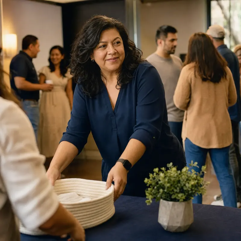 An events team member setting up a welcome table.