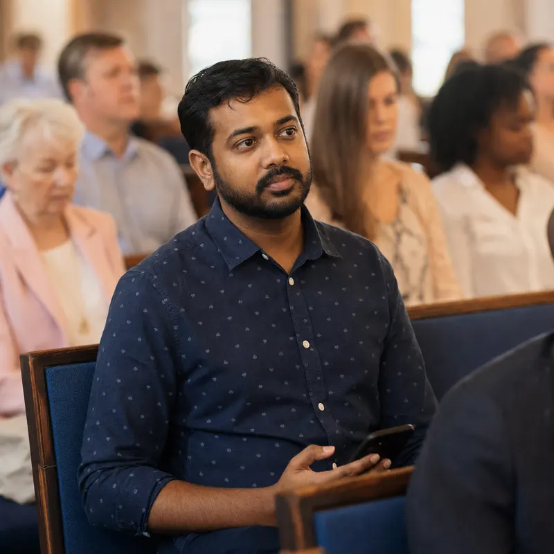 A church member seated in a row with his phone.