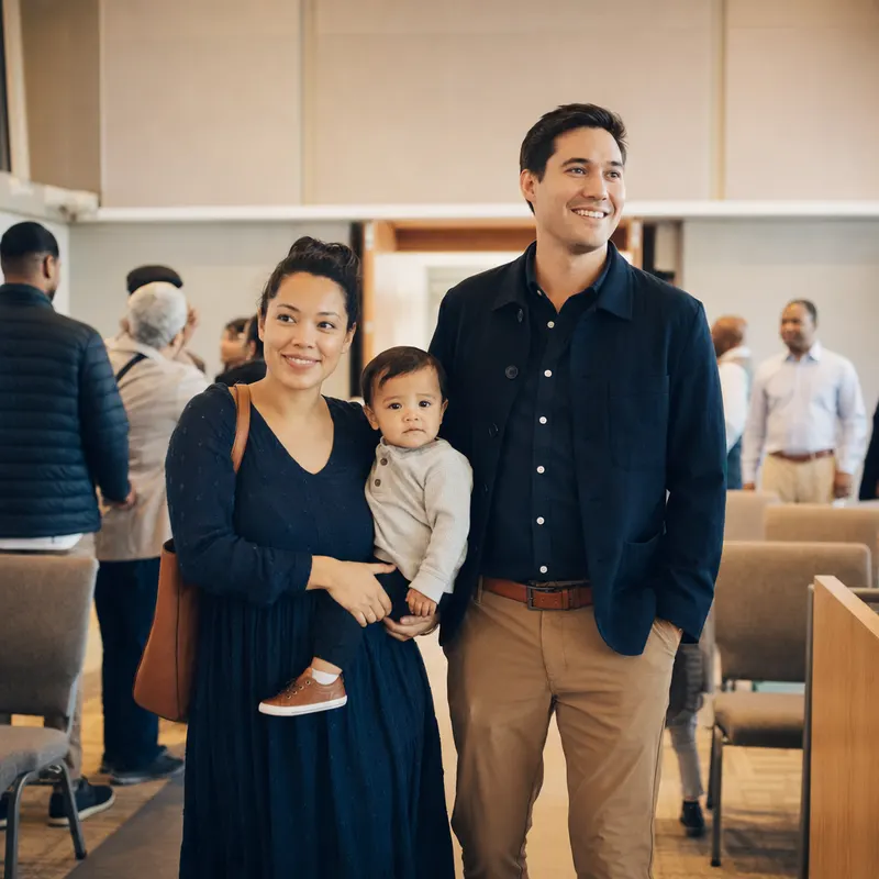 A young family arriving at church on a Sunday morning.