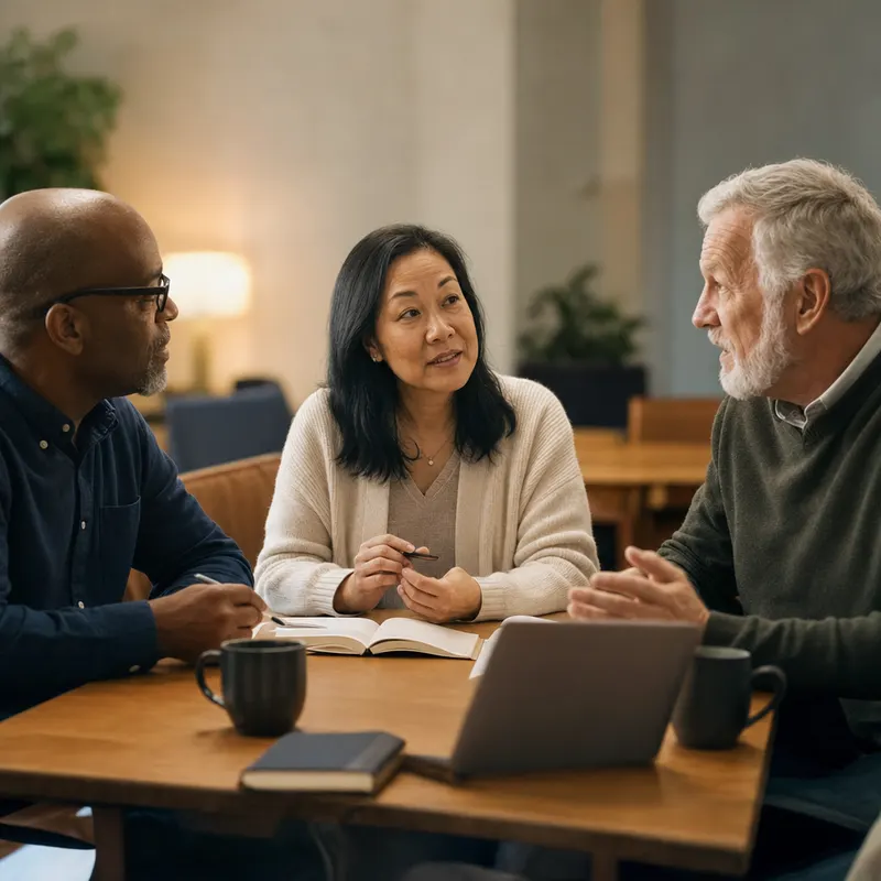 Three church elders in conversation around a table.