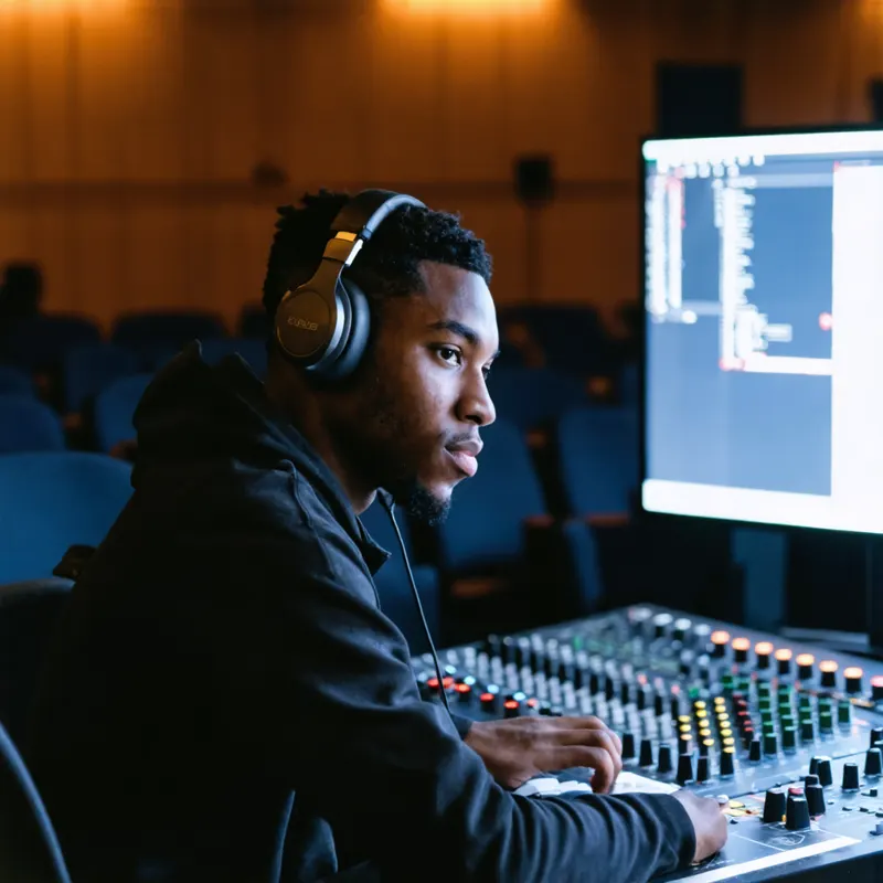 A media volunteer at the sound and video desk, headphones on, watching the monitor.