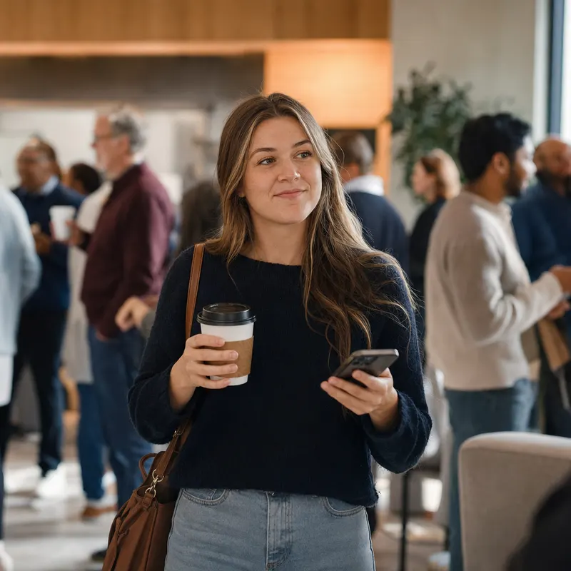 A church member in the lobby with a coffee and her phone.