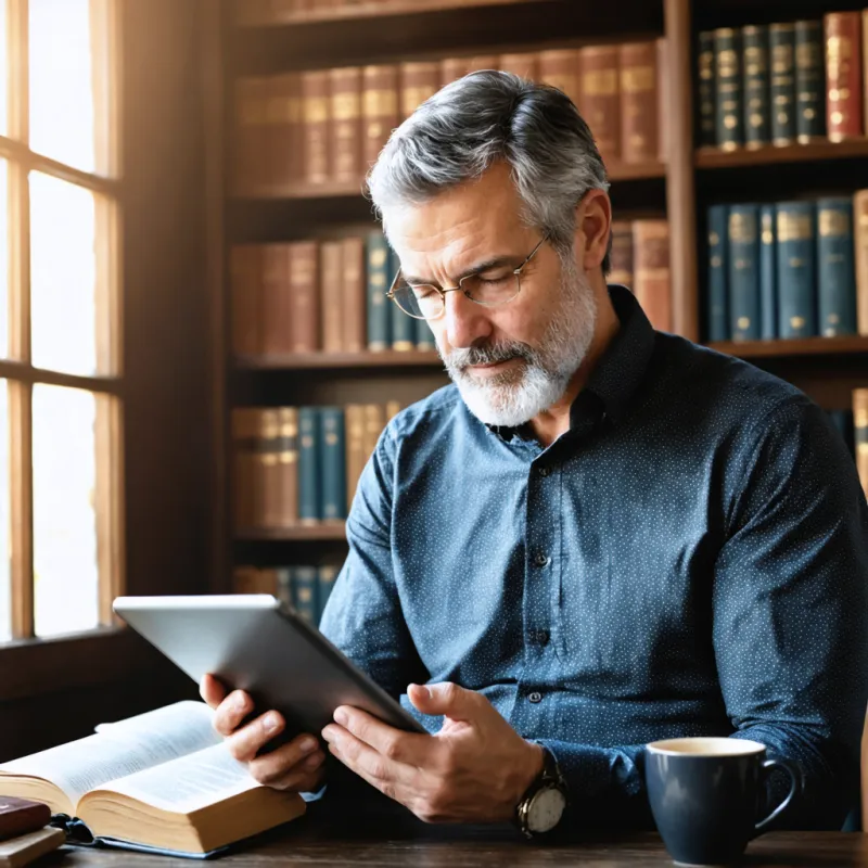 A pastor in his study reviewing his notes on an iPad, an open Bible on the desk beside him.