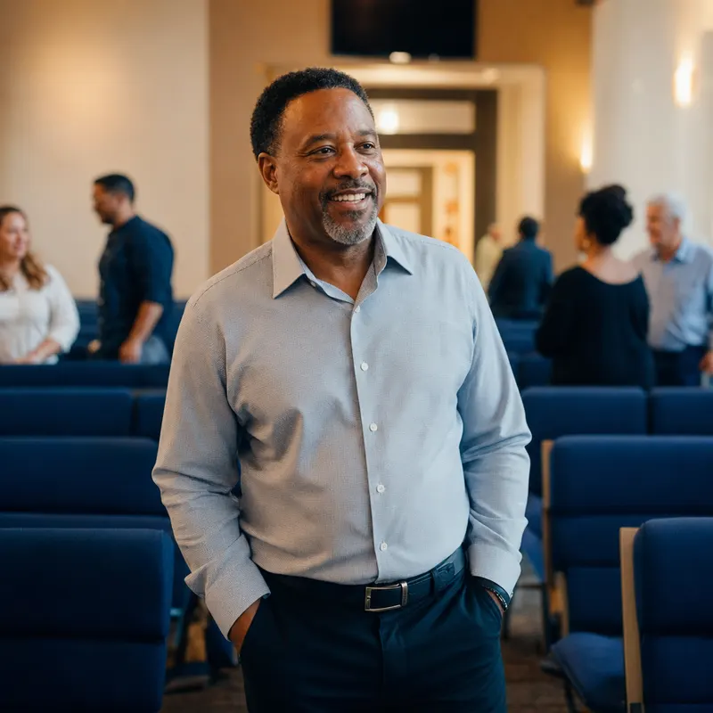 A pastor standing in the aisle of the sanctuary.
