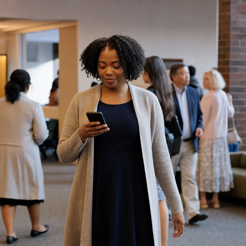 A staff member walking down a church hallway with her phone.