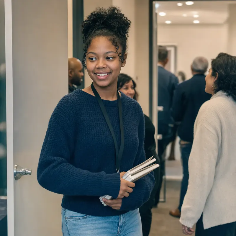 A teenage volunteer in a church hallway.