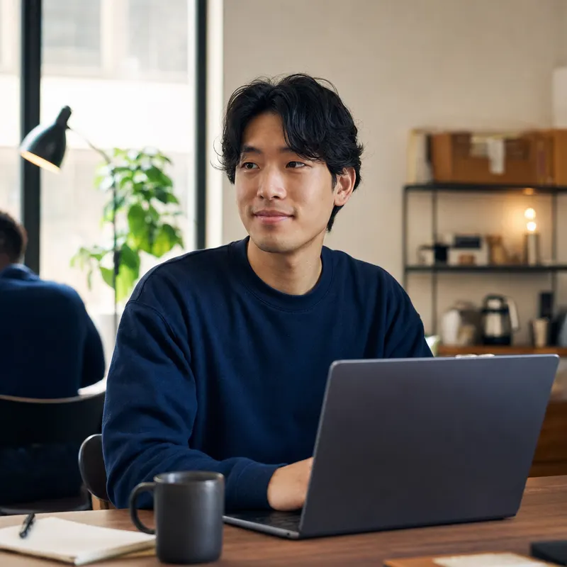 A website volunteer at a laptop in the church office.