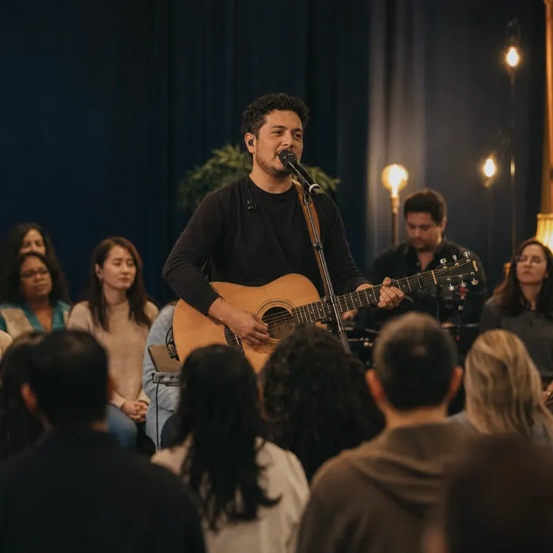 A worship leader on stage with an acoustic guitar.