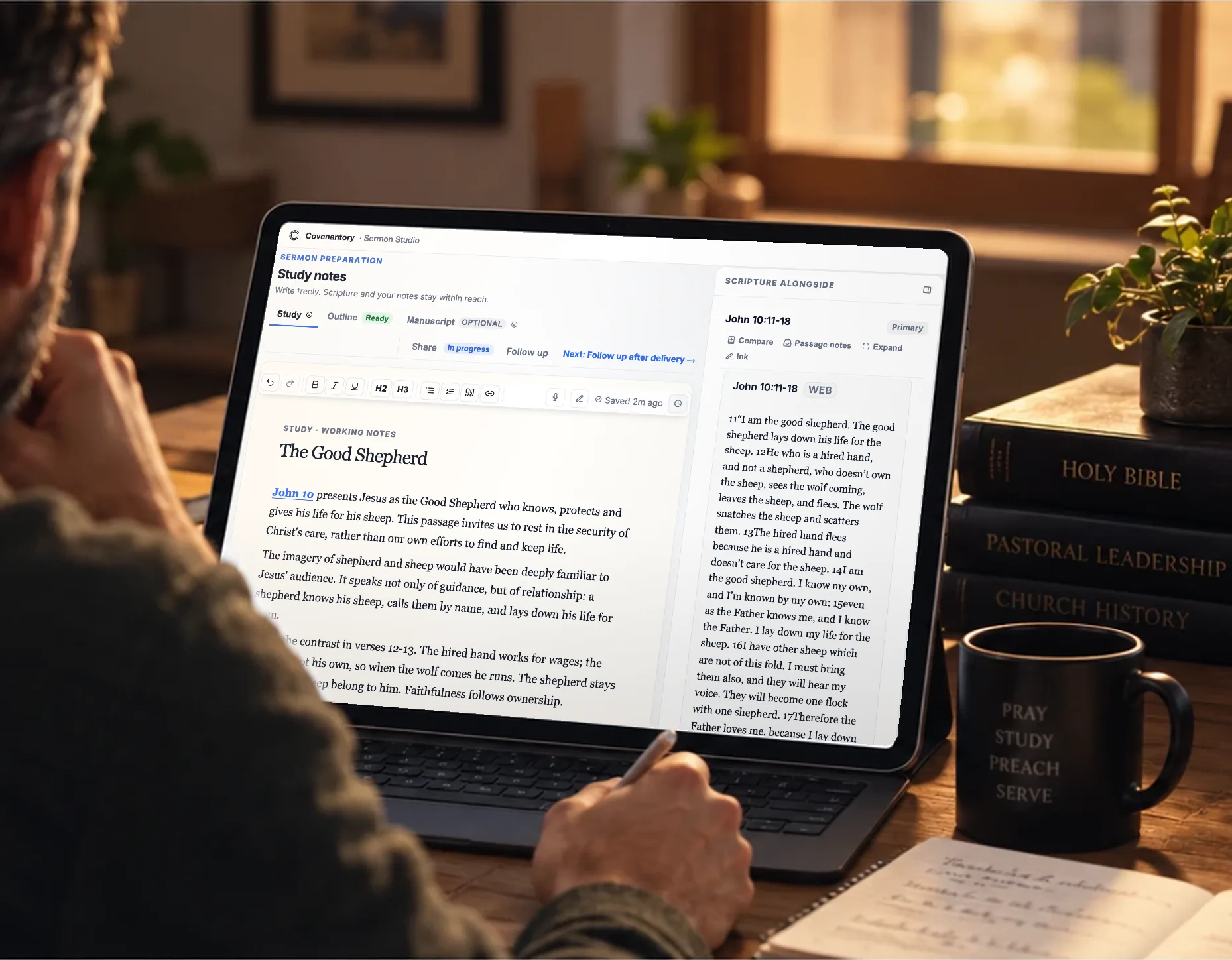 A pastor at his desk in the evening studies on a tablet. Sermon Studio shows his study notes for The Good Shepherd beside John 10:11–18.