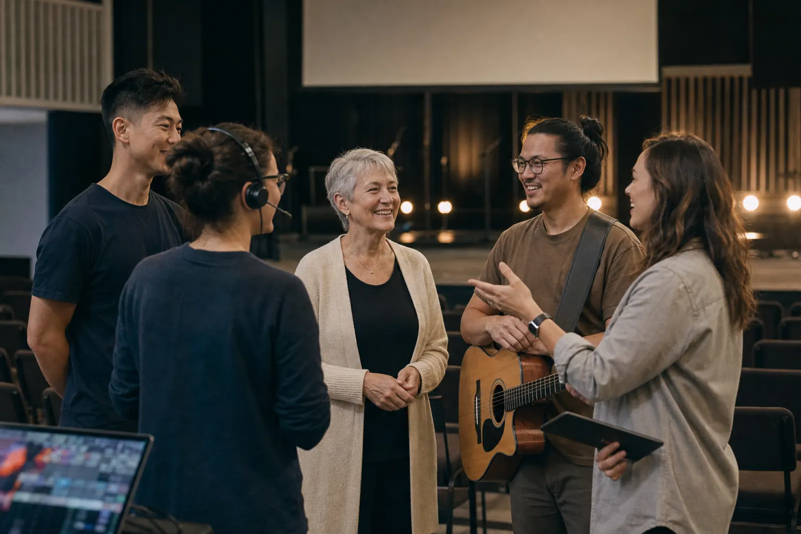 A Sunday service team huddles and laughs together in the auditorium before the service.