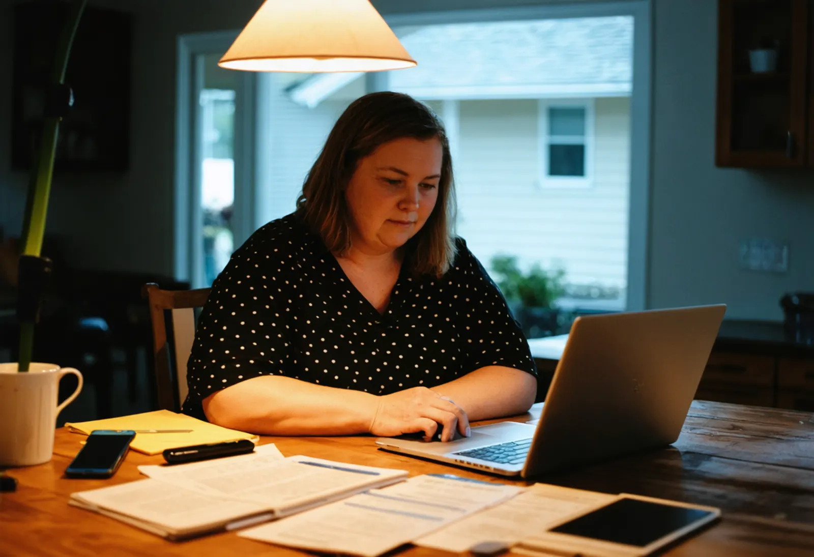 A volunteer coordinator working through the weekend schedule at her kitchen table with a laptop, a phone and printed rosters.