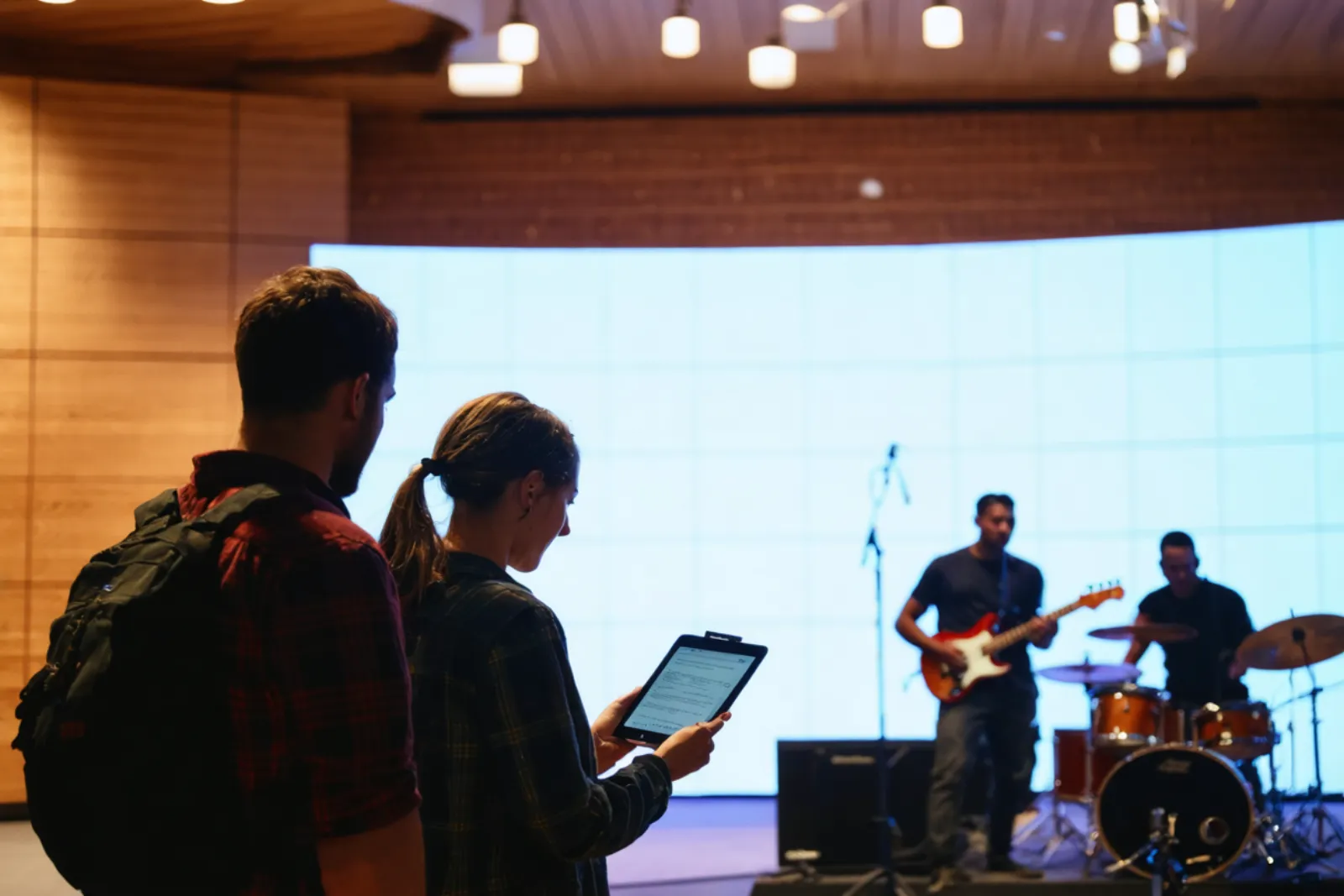 A worship leader and a volunteer coordinator review the service plan on a tablet in a modern sanctuary while the band sets up on stage.