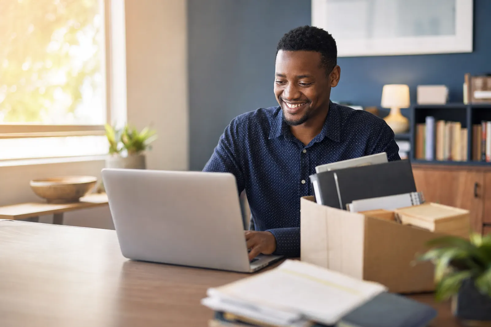 A church administrator smiles at his laptop beside a box of old binders and paper files.