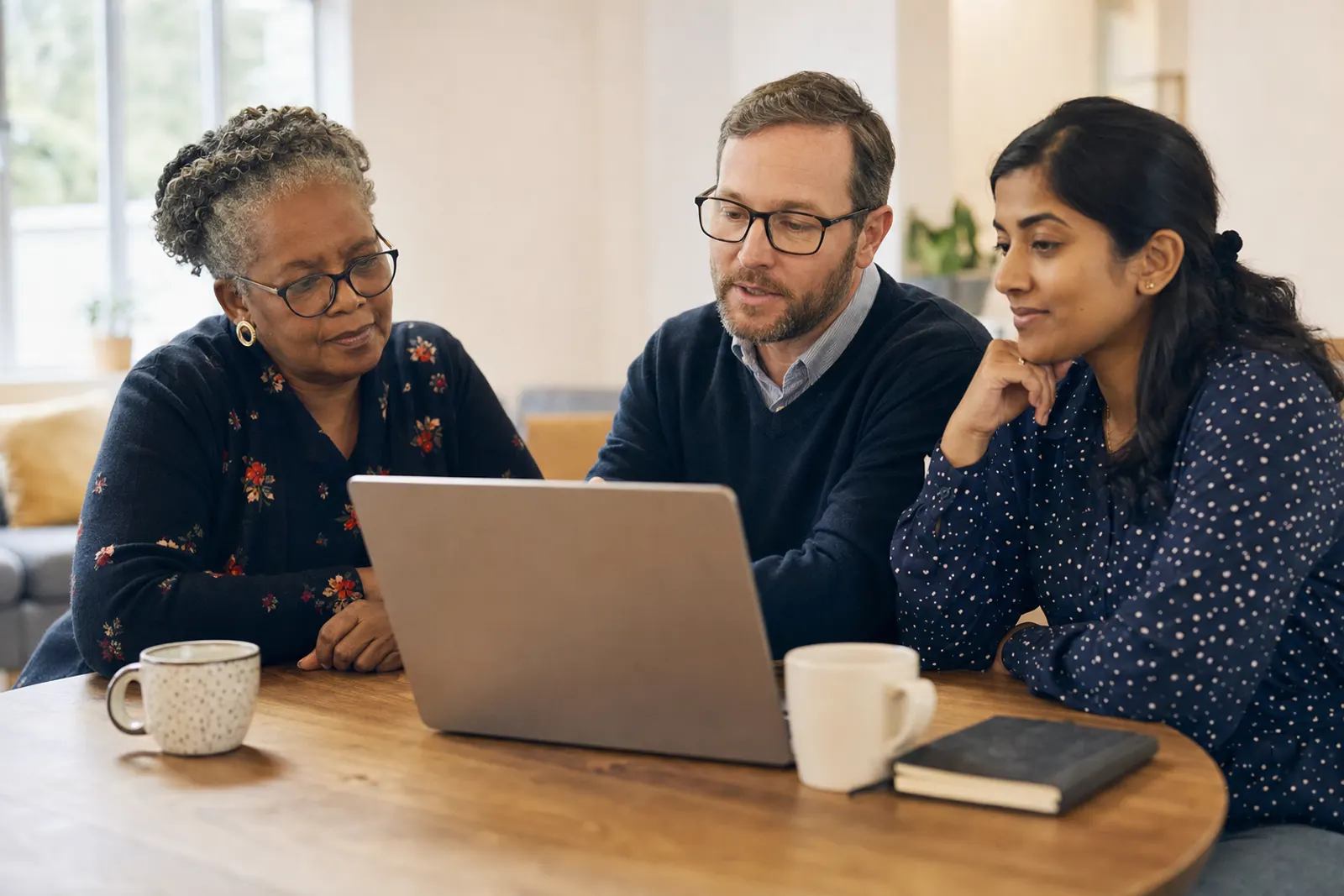 Three church leaders review the church's records together around a meeting table.