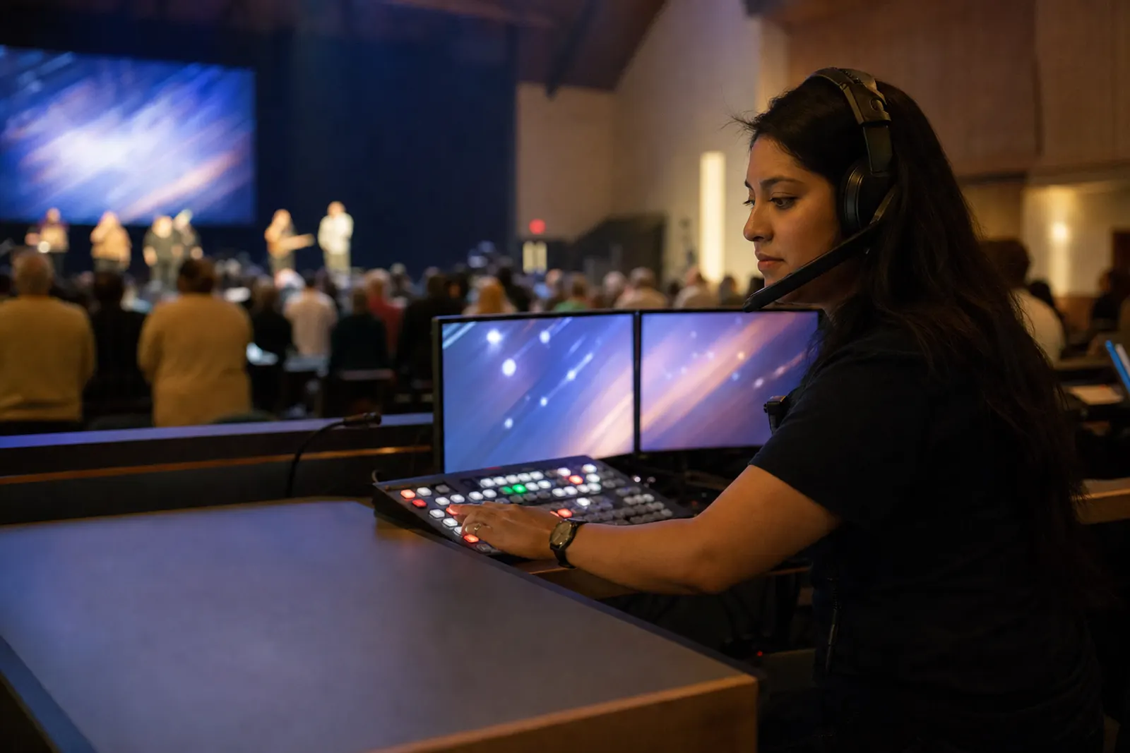 A media volunteer at the broadcast desk confidently takes the service live.