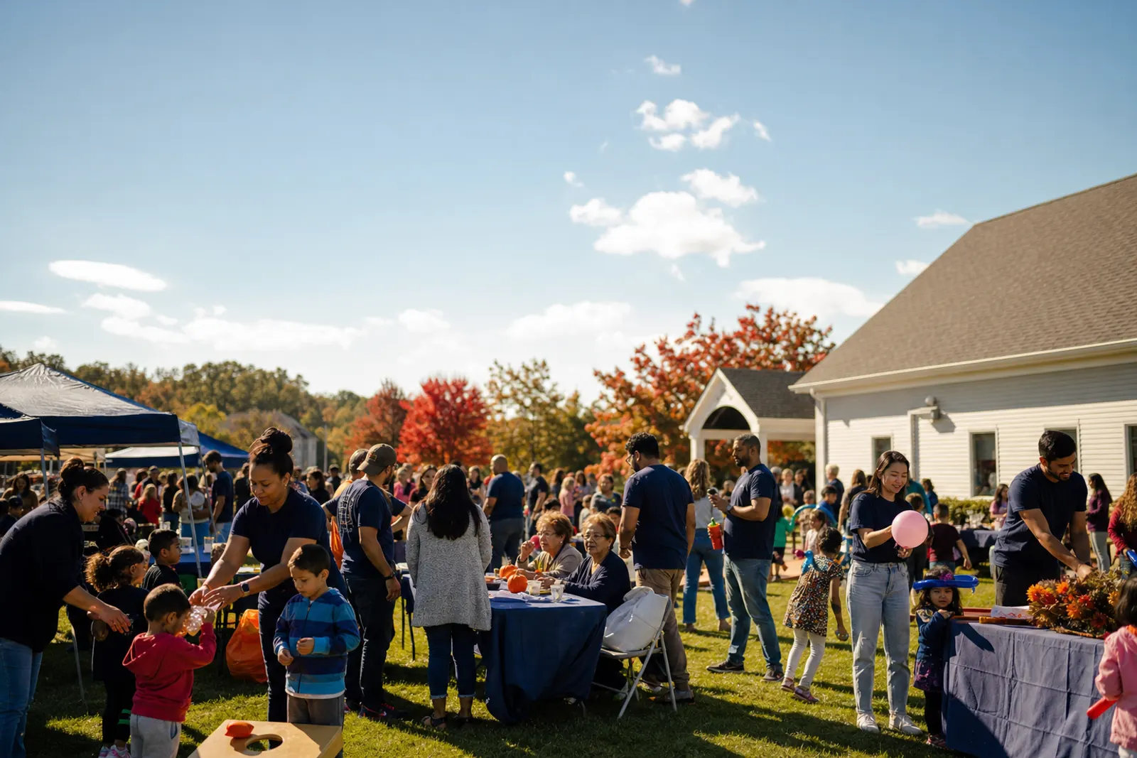 Families enjoy a church fall festival on a sunny lawn.