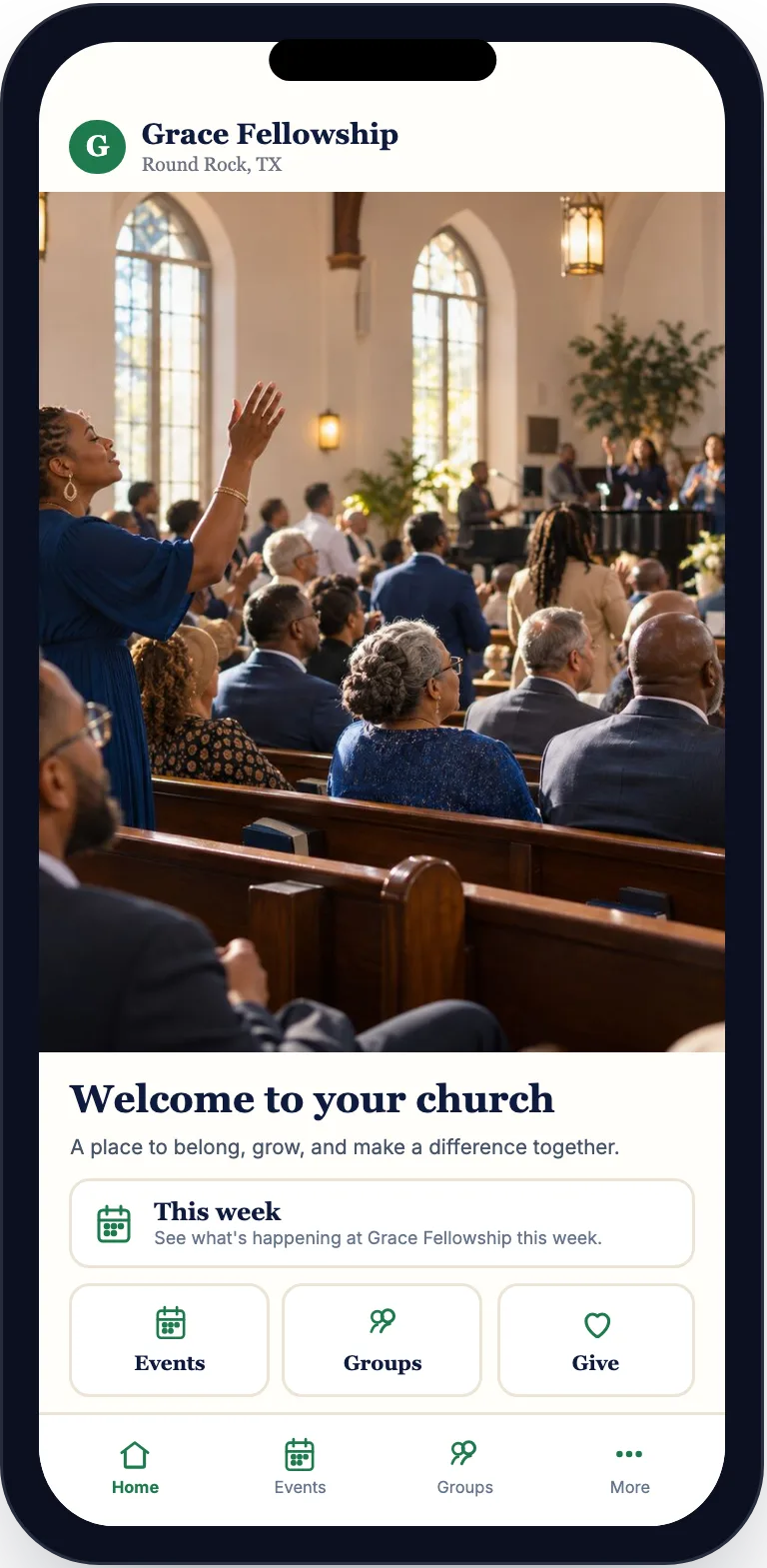 A church-branded app built on Covenantory, with the church's own name, icon and colors on every screen.