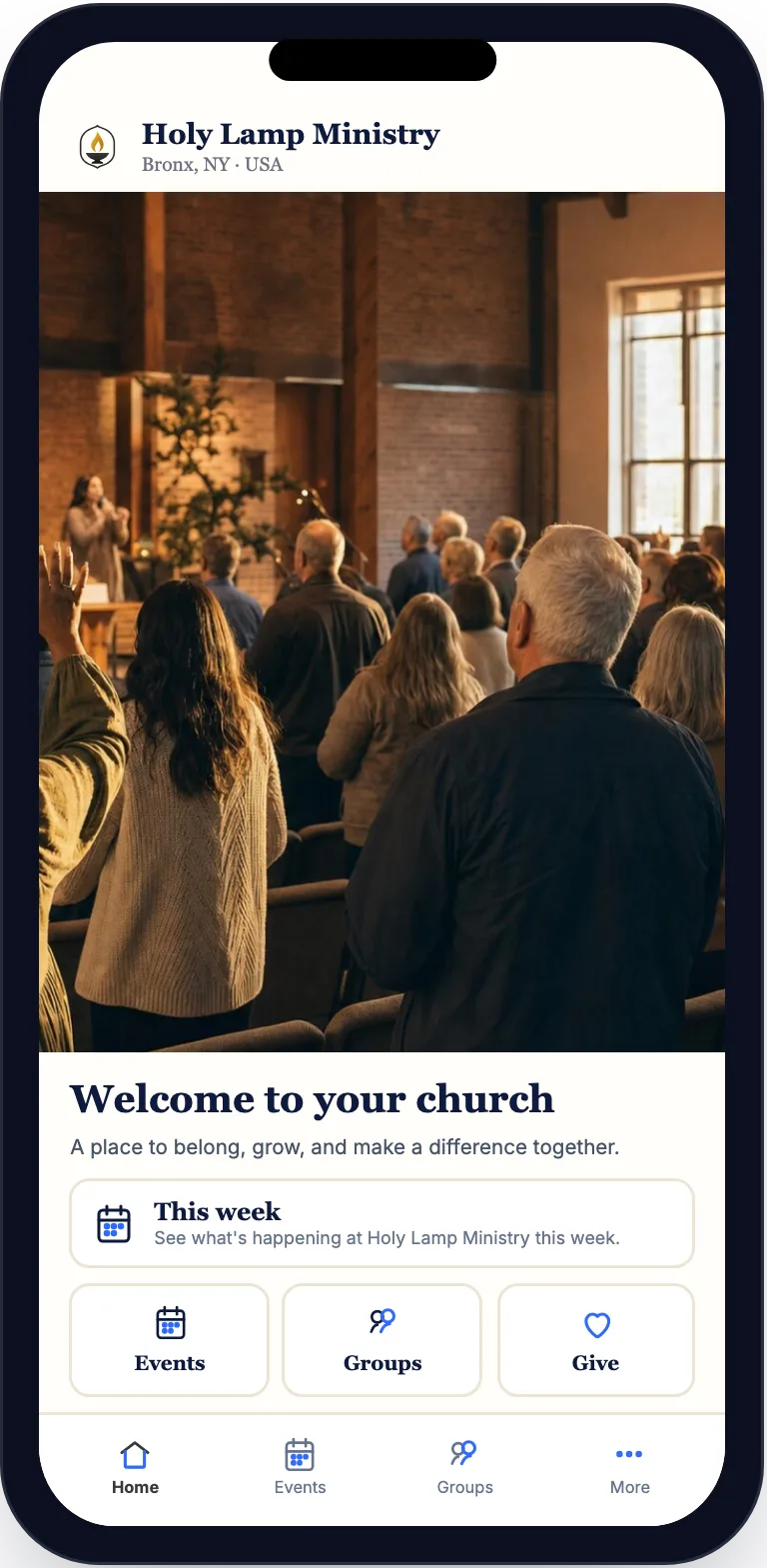 Holy Lamp Ministry inside the Covenantory app: the church's name and logo, a welcome photo, This week, Events, Groups and Give.