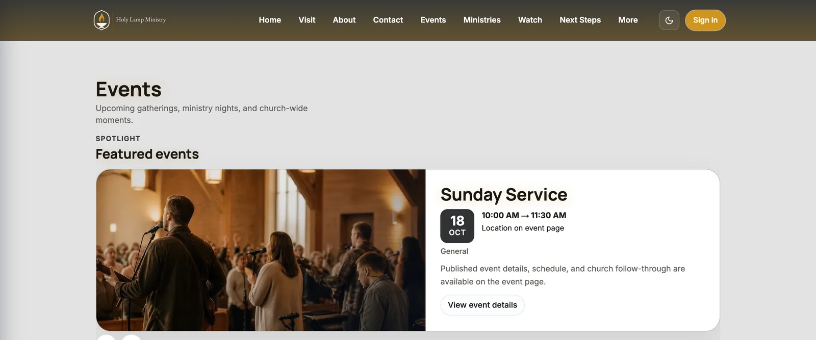 The Holy Lamp Ministry website Events page built on Covenantory, featuring Sunday Service on October 18 with its photo, time and a link to the event details.