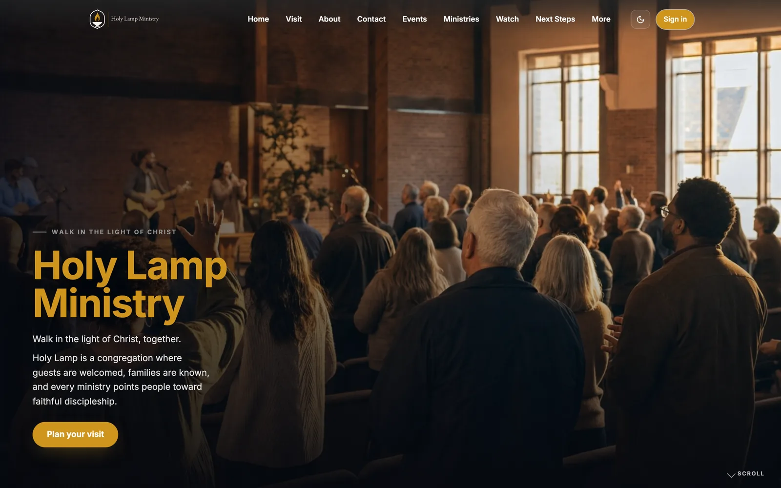 The Holy Lamp Ministry church website built on Covenantory: a full-width worship photo, the church name and welcome, and a Plan your visit button.