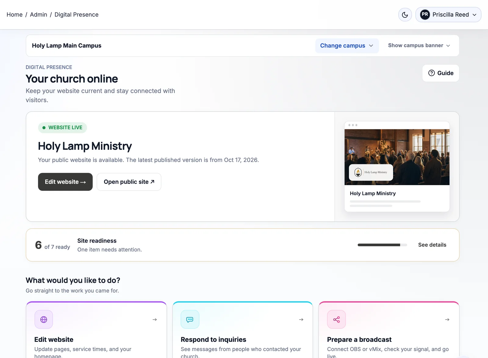 Covenantory Digital Presence overview: the website is live with its latest published version and homepage photo, site readiness, and shortcuts to edit the website, respond to inquiries and prepare a broadcast.