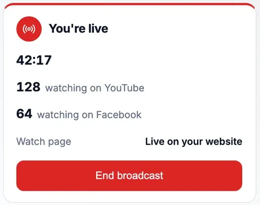 Covenantory Live control: you’re live at 42:17 with viewers on YouTube and Facebook, and the watch page live on the church website.