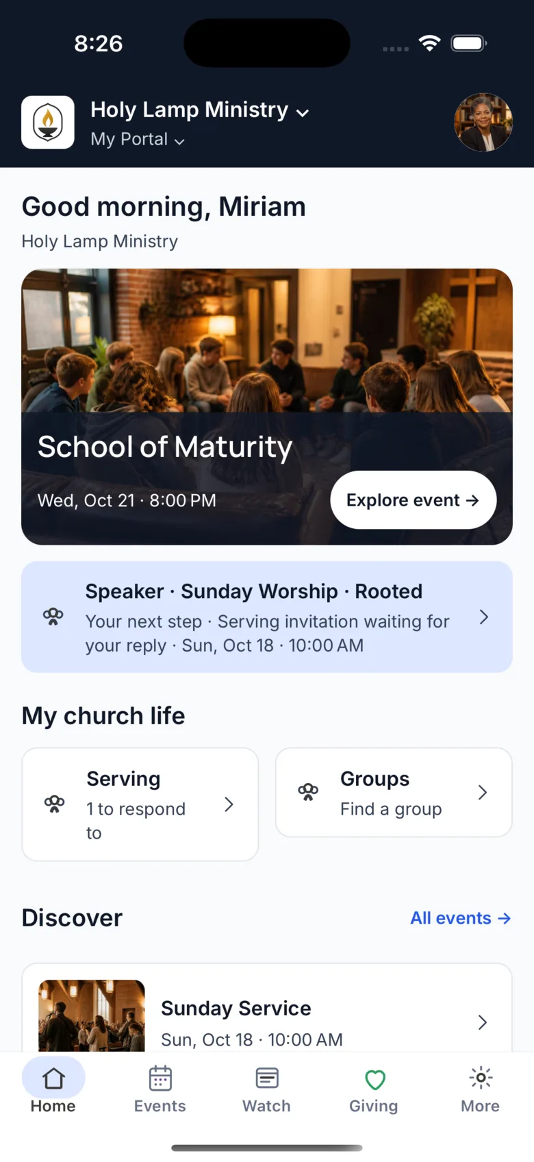 The Covenantory member app Home for Miriam Cole at Holy Lamp Ministry: a featured School of Maturity event, her serving invitation for Sunday Worship · Rooted, serving and groups shortcuts, and upcoming services.