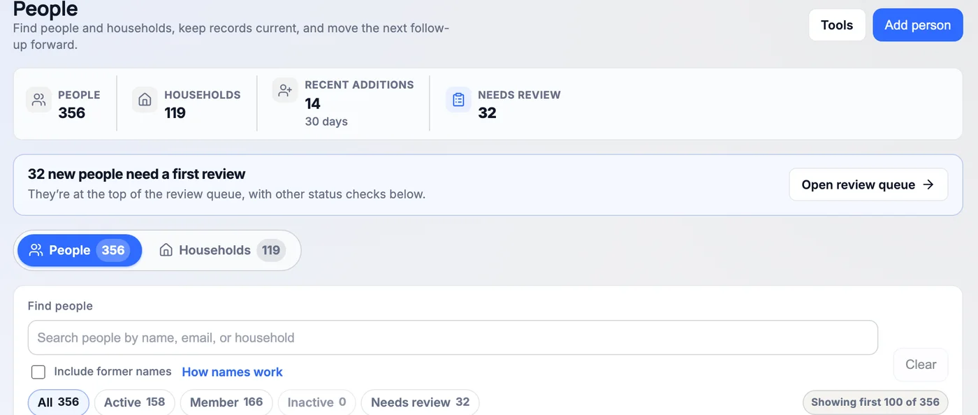 Covenantory People for Holy Lamp: 356 people in 119 households, 14 recent additions, and 32 new people waiting for a first review before they join the directory.